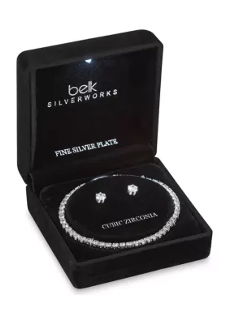 Silver Plate Tennis Bracelet and Earring Set in Light Up Box