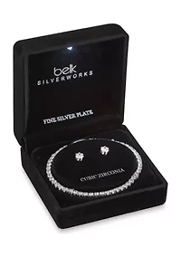 Silver Plate Tennis Bracelet and Earring Set in Light Up Box