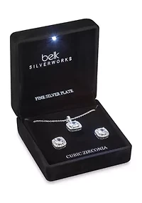 Fine Silver Plate Pendant Necklace and Earrings Set in Light Up Box
