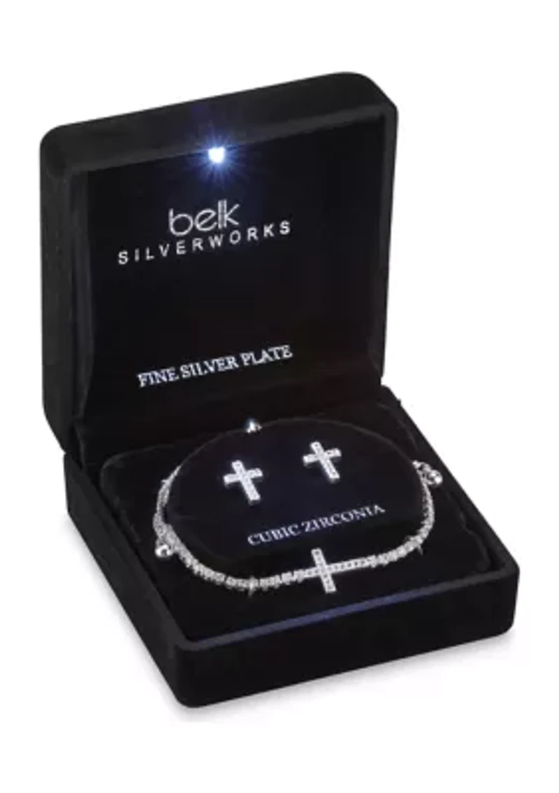 Silver Plated Adjustable Bracelet and Earring Set in Light Up Box