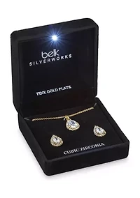Gold Plated Pendant Necklace and Earring Set in Light Up Box