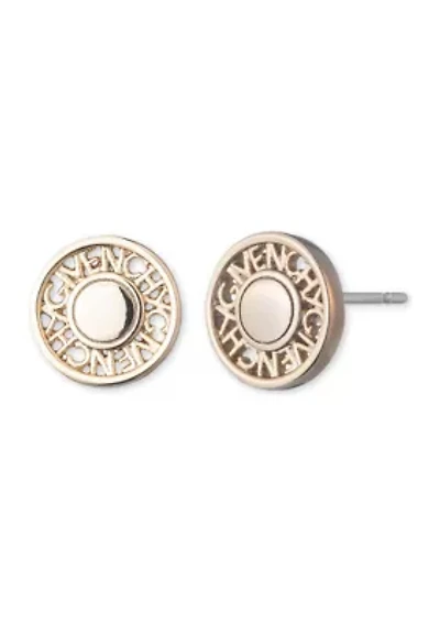 Gold Tone Coin Logo Stud Earrings