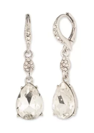 Silver Tone Crystal White Pave Pear Double Drop Earrings
