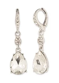 Silver Tone Crystal White Pave Pear Double Drop Earrings