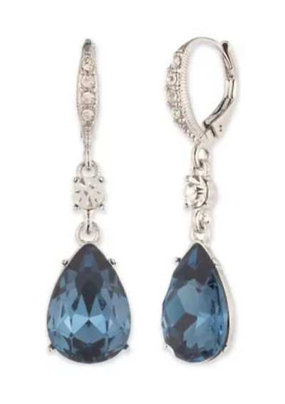 Silver Tone Denim Stone Pear Double Drop Earrings