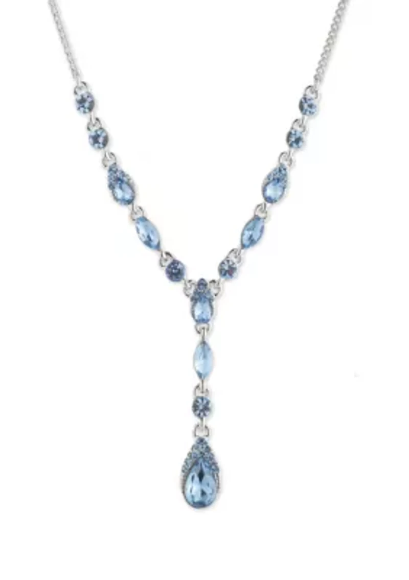 Silver Tone 16" Blue Pear Stone Y Necklace