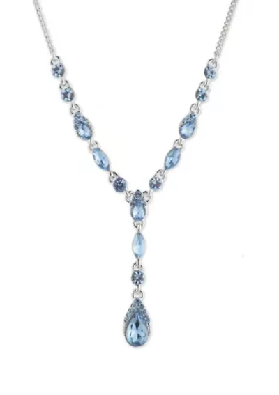 Silver Tone 16" Blue Pear Stone Y Necklace