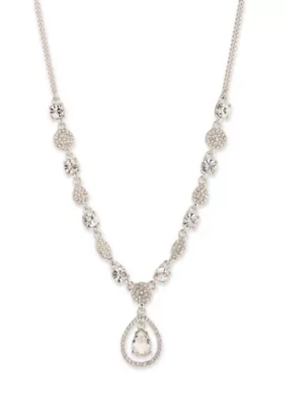 Silver Tone Crystal White Pave Pear Pendant Necklace