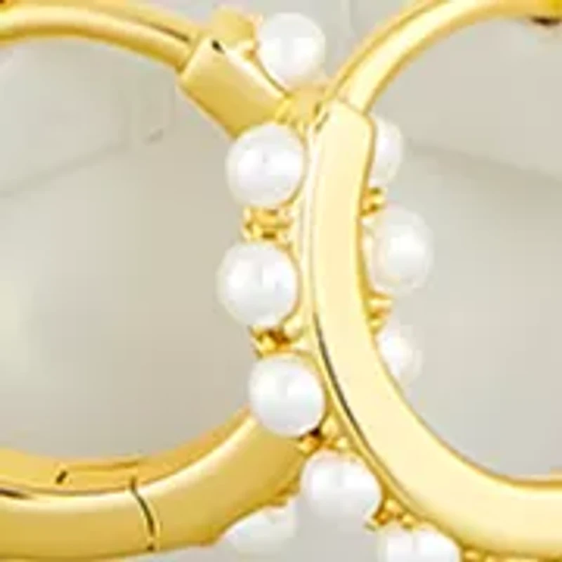 Plated Polished Pavé Cubic Zirconia and Pearl Triple Hoop Earring Set