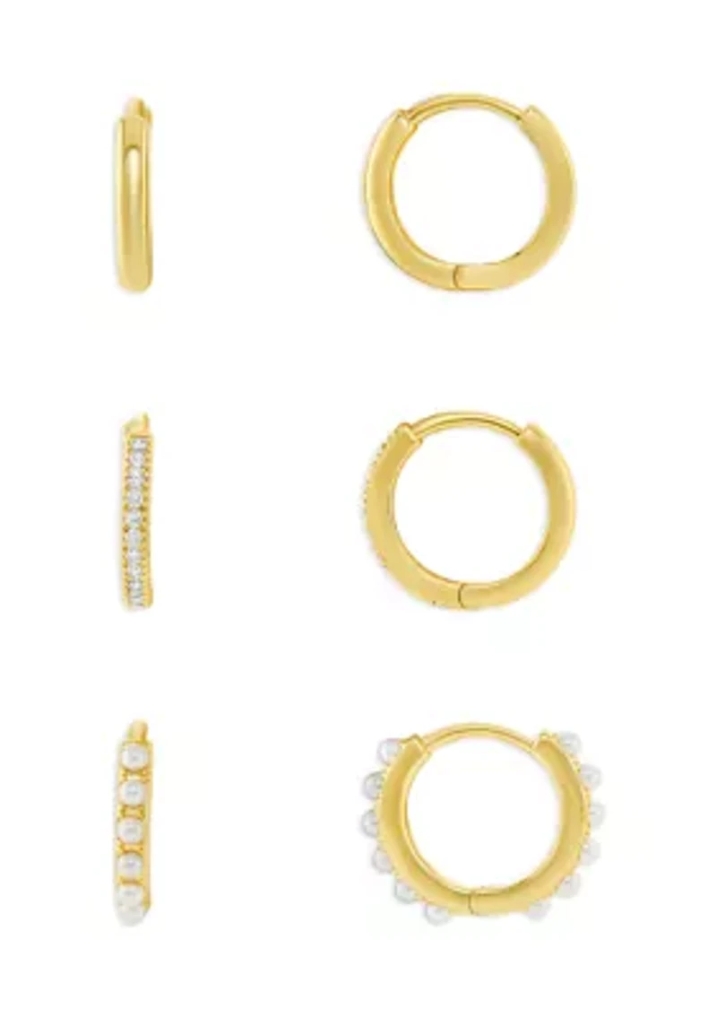Plated Polished Pavé Cubic Zirconia and Pearl Triple Hoop Earring Set