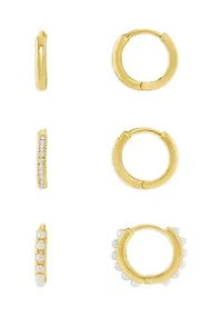Plated Polished Pavé Cubic Zirconia and Pearl Triple Hoop Earring Set