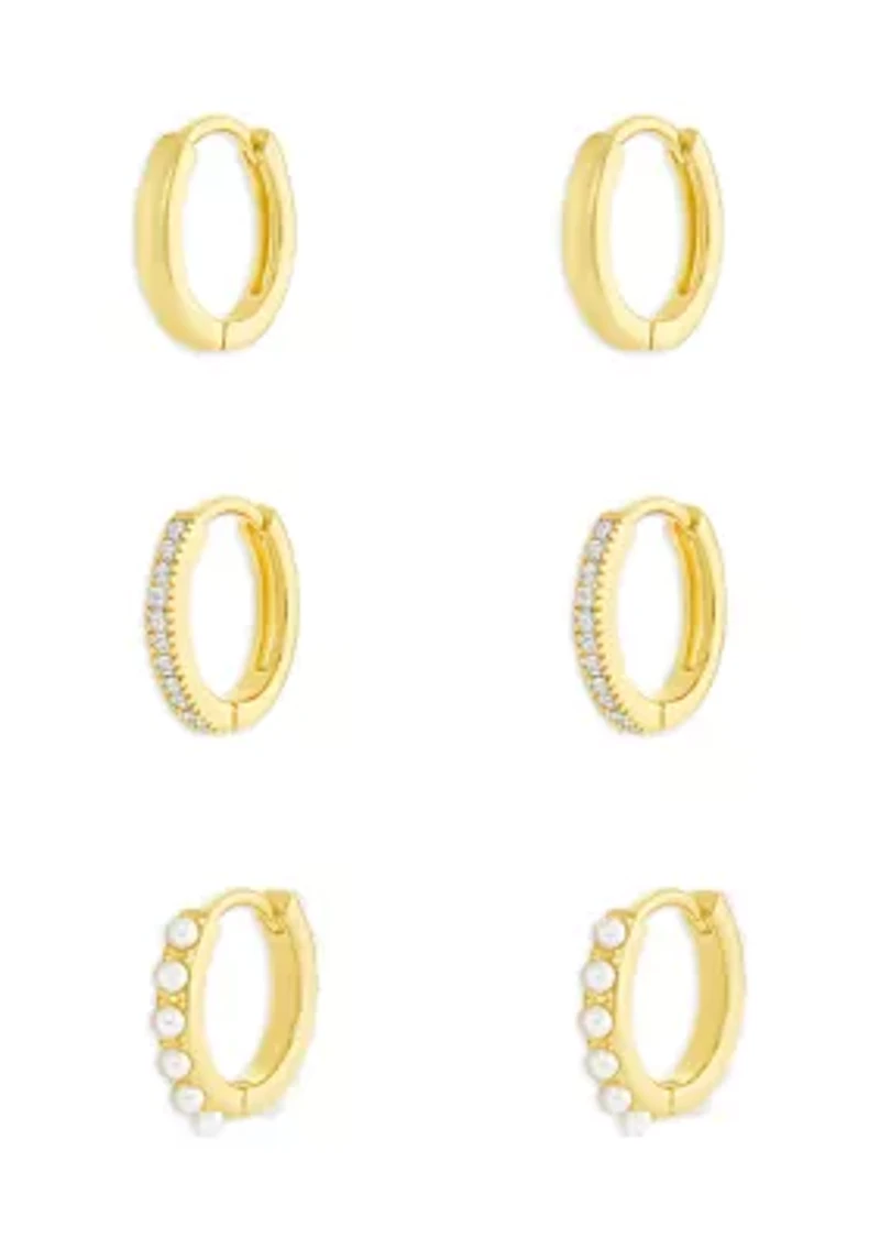 Plated Polished Pavé Cubic Zirconia and Pearl Triple Hoop Earring Set
