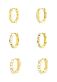 Plated Polished Pavé Cubic Zirconia and Pearl Triple Hoop Earring Set