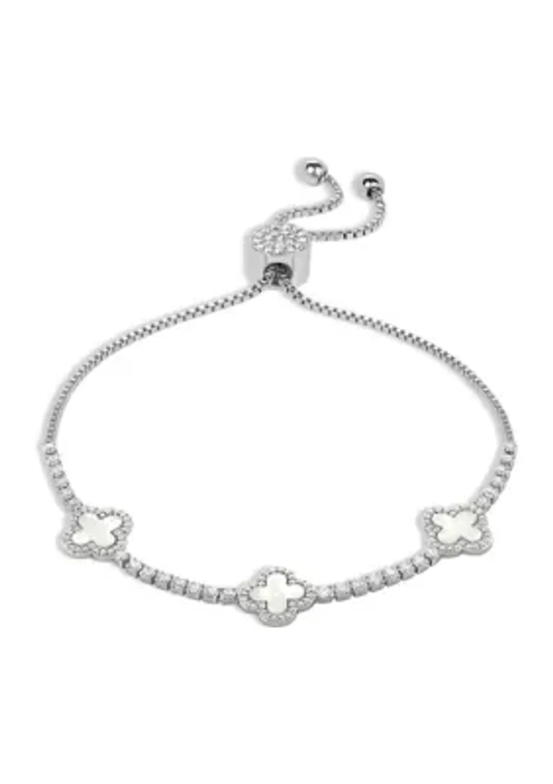 Silver Plated Cubic Zirconia & Mother of Pearl Triple Clover Adjustable Bracelet