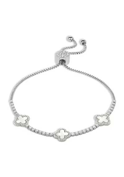 Silver Plated Cubic Zirconia & Mother of Pearl Triple Clover Adjustable Bracelet