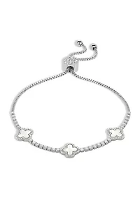 Silver Plated Cubic Zirconia & Mother of Pearl Triple Clover Adjustable Bracelet
