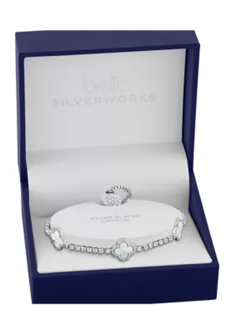 Silver Plated Cubic Zirconia & Mother of Pearl Triple Clover Adjustable Bracelet