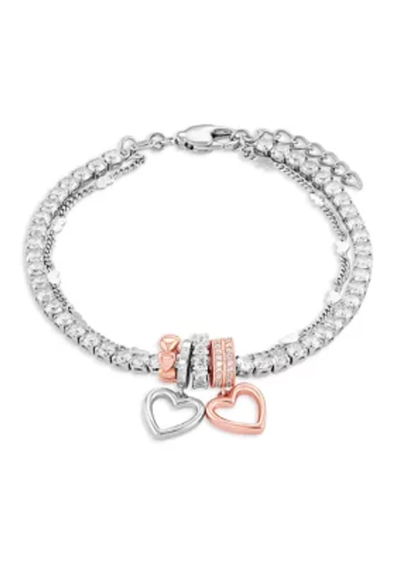 Silver Plated Two-Tone Cubic Zirconia Heart Charm Double-Strand Tennis Bracelet