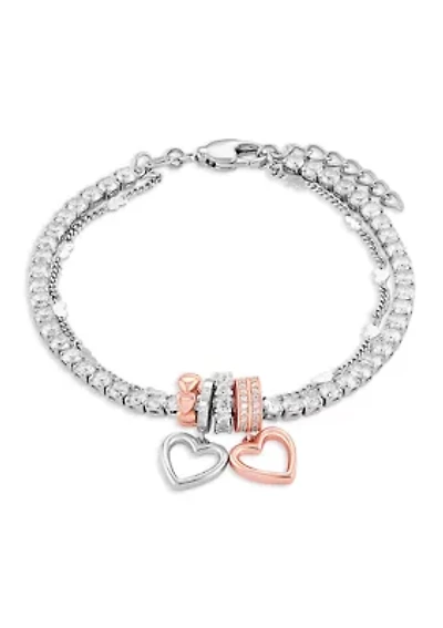 Silver Plated Two-Tone Cubic Zirconia Heart Charm Double-Strand Tennis Bracelet
