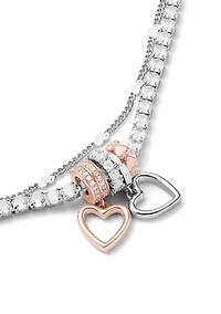 Silver Plated Two-Tone Cubic Zirconia Heart Charm Double-Strand Tennis Bracelet