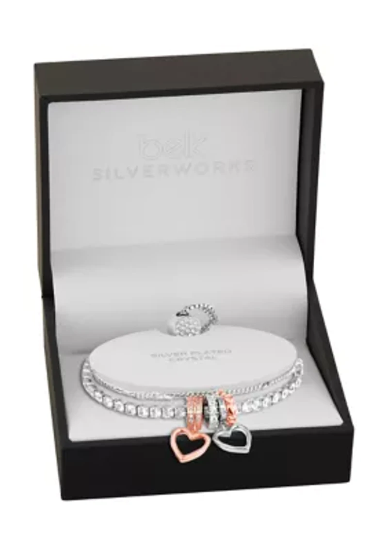 Silver Plated Two-Tone Cubic Zirconia Heart Charm Double-Strand Tennis Bracelet