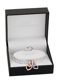 Silver Plated Two-Tone Cubic Zirconia Heart Charm Double-Strand Tennis Bracelet