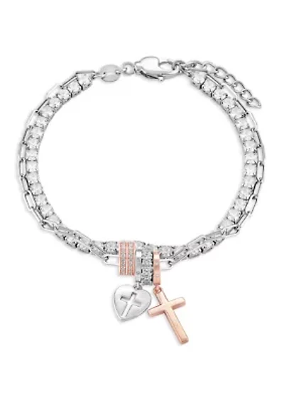 Two Tone Silver Plated Cubic Zirconia Cross Charm Multistrand Tennis Bracelet
