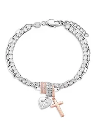 Two Tone Silver Plated Cubic Zirconia Cross Charm Multistrand Tennis Bracelet