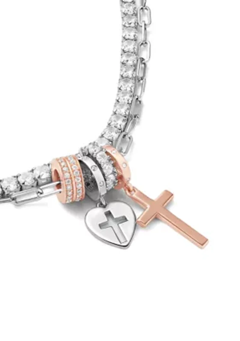 Two Tone Silver Plated Cubic Zirconia Cross Charm Multistrand Tennis Bracelet