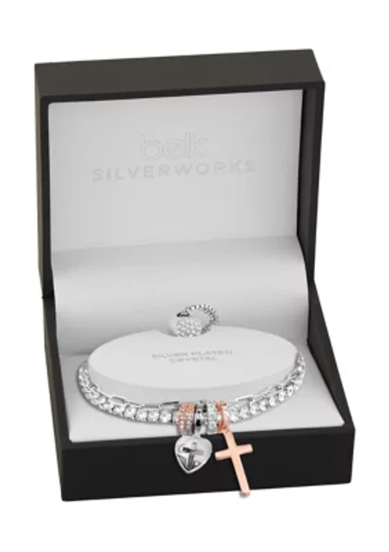 Two Tone Silver Plated Cubic Zirconia Cross Charm Multistrand Tennis Bracelet