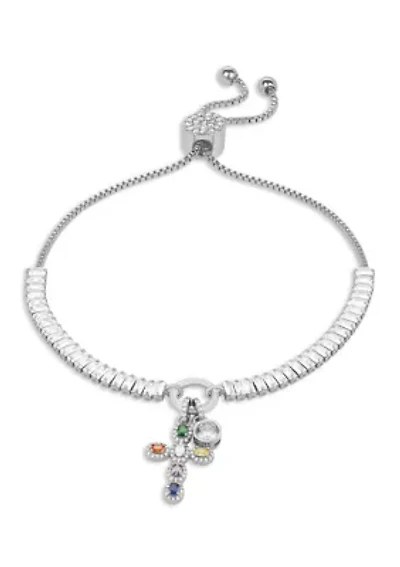 Silver Plated Baguette CZ Multi Color Cross Charm Adjustable Bracelet