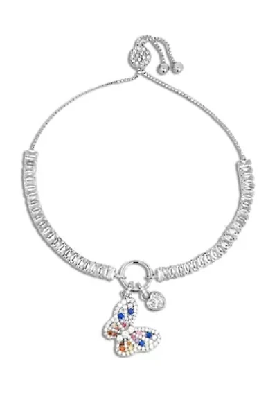 Silver Plated Baguette CZ Multi Color Butterfly Charm Adjustable Bracelet