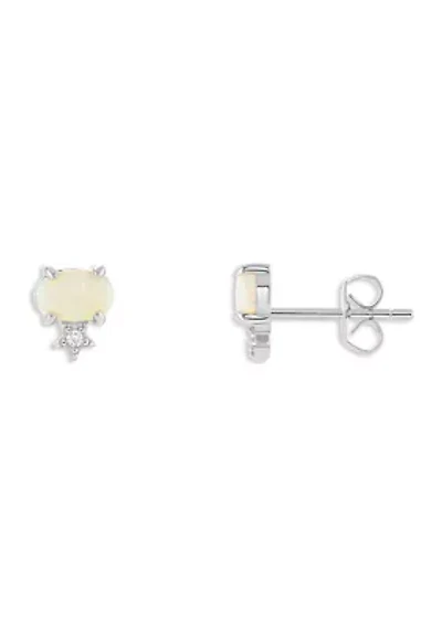 Sterling Silver Oval Opal Cubic Zirconia Stud Earrings