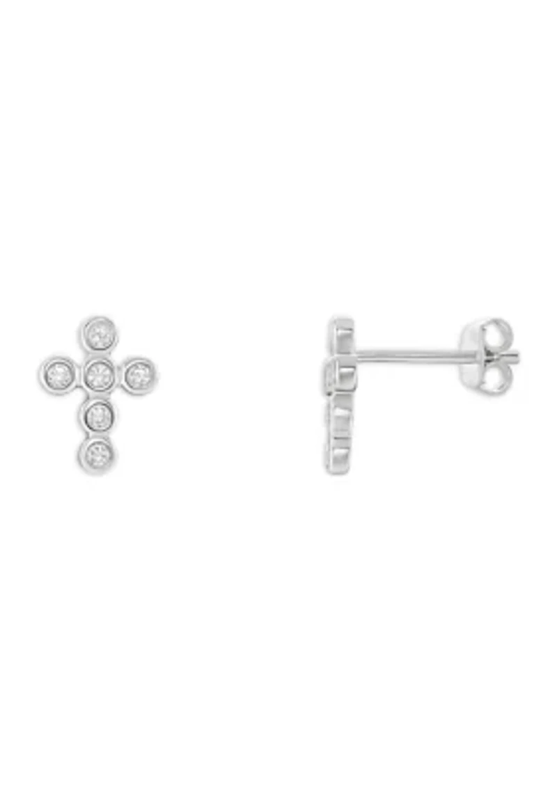 Sterling Silver Cubic Zirconia Bezel Cross Stud Earrings