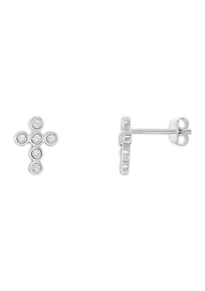 Sterling Silver Cubic Zirconia Bezel Cross Stud Earrings