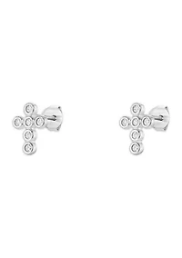 Sterling Silver Cubic Zirconia Bezel Cross Stud Earrings