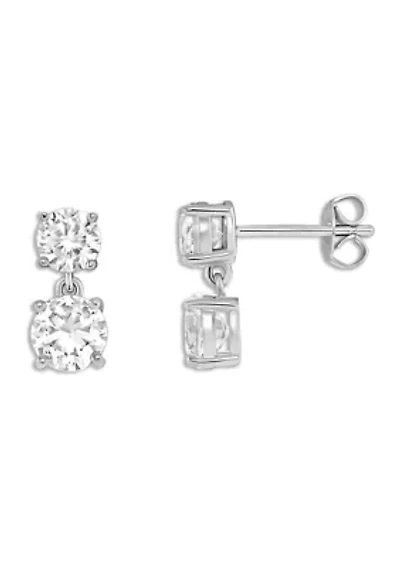 Sterling Silver Double Round Cubic Zirconia Drop Stud Earrings