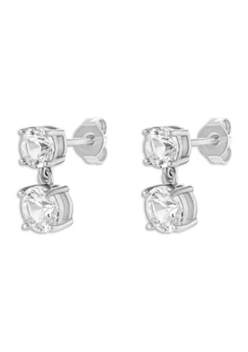 Sterling Silver Double Round Cubic Zirconia Drop Stud Earrings
