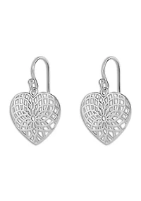 Sterling Silver Polished Filigree Heart Drop Earrings