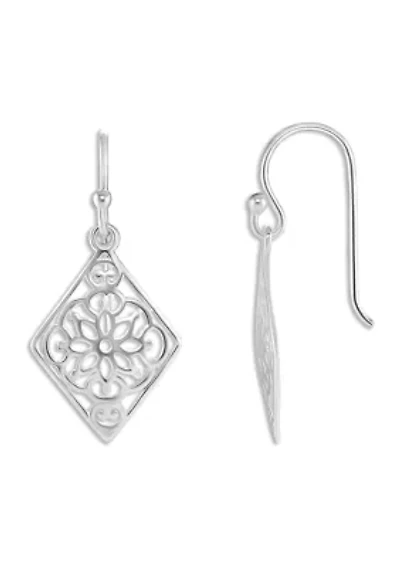 Sterling Silver Flower Filigree Diamond Shape Drop Earrings