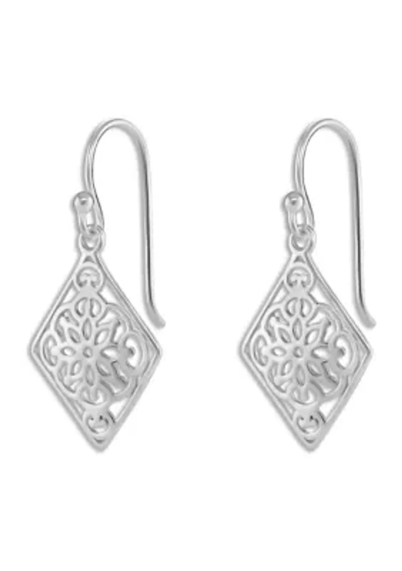 Sterling Silver Flower Filigree Diamond Shape Drop Earrings