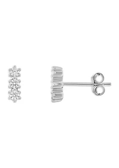 Sterling Silver Triple Round Cubic Zirconia Bar Stud Earrings