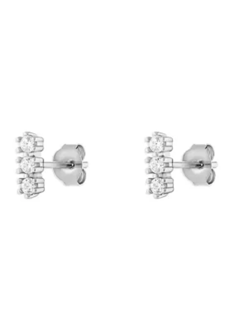 Sterling Silver Triple Round Cubic Zirconia Bar Stud Earrings