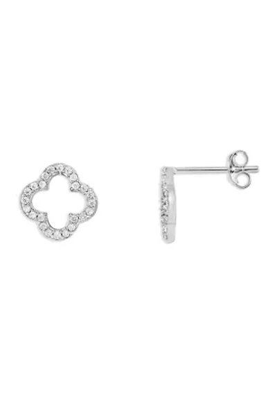 Sterling Silver Pave Cubic Zirconia Quatrefoil Stud Earrings