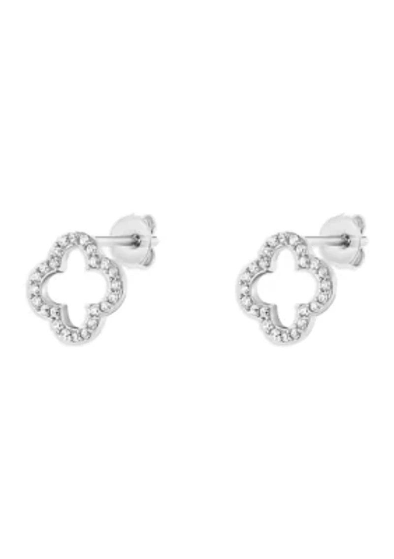 Sterling Silver Pave Cubic Zirconia Quatrefoil Stud Earrings