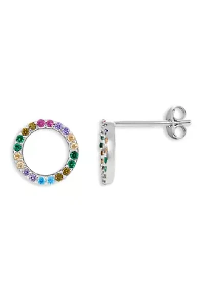 Sterling Silver Multi Color Cubic Zirconia Circle Stud Earrings