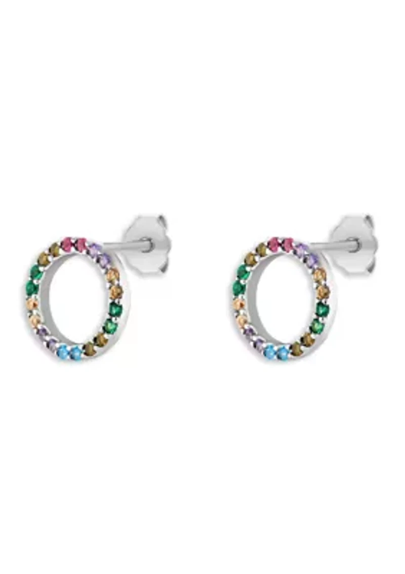 Sterling Silver Multi Color Cubic Zirconia Circle Stud Earrings