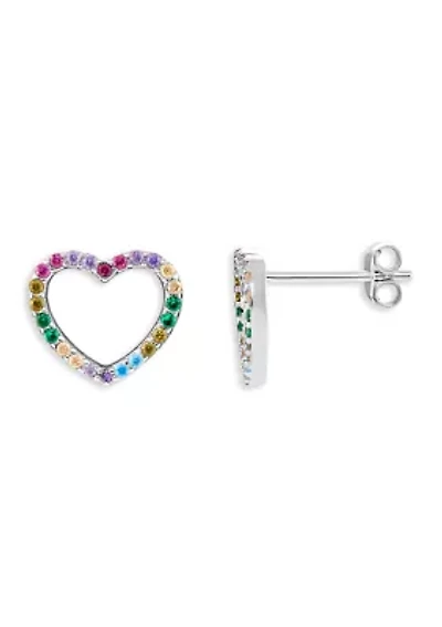 Sterling Silver Multi Color Cubic Zirconia Open Heart Stud Earrings