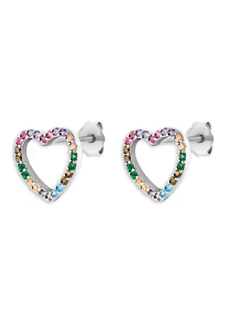 Sterling Silver Multi Color Cubic Zirconia Open Heart Stud Earrings