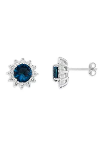 Sterling Silver Blue Spinel and Cubic Zirconia Flower Stud Earrings